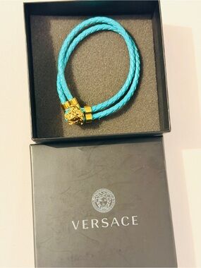 Versace Turquoise Braided Leather Double Wrap Bracelet with Gold Medusa Clasp